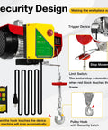 Electric hoist with yellow control box and wireless remote; 110V, 2200lb capacity, steel wire rope and hook.