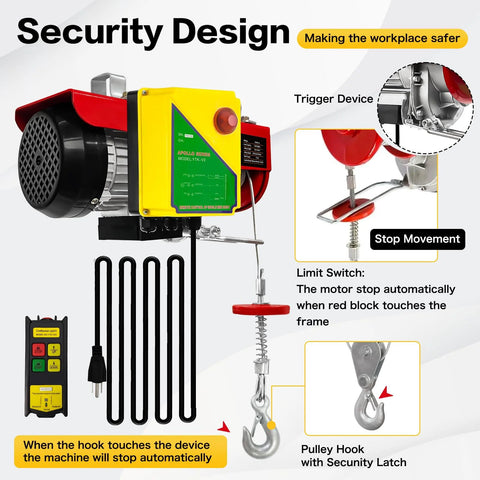 Electric hoist with yellow control box and wireless remote; 110V, 2200lb capacity, steel wire rope and hook.