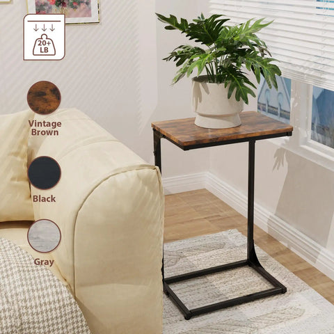 C Shaped End Table for Couch and Small Spaces, Under Sofa Side Table That Slides, TV Tray and Bedside Console, Space Saver