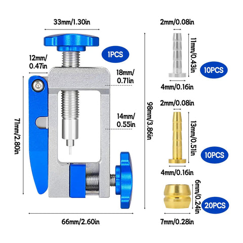 Hydraulic Disc Brake Hose Fitting Tool Kit With Upgraded Needle Driver, olive and brass inserts, with detailed dimensions