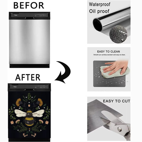 Autumn Bee Dishwasher Cover Magnetic Sticker 23x26 Inch Floral Flower Wasp Decor showing before and after application.