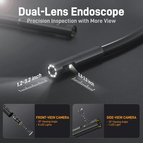 Dual Lens Endoscope With Light For Auto HVAC Wall And Home Inspections Mechanic Borescope Camera Flexible Fiber Optic Snake Probe Sixteen And A Half Feet Of Reach With Eight Adjustable LEDs tip detail