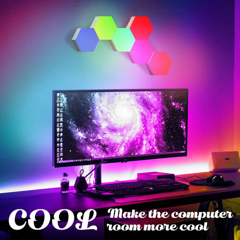 Remote Control Hexagon Wall Light Kit Smart Wall Mounted Touch Sensitive Geometric Modular RGB LED Panels above computer monitor