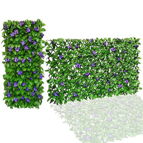 Expandable Faux Ivy Fence Privacy Screen For Balcony And Patio Outdoor Decor With Artificial Hedges Single Sided Leaves And Purple Flowers For Quick Dope Setup, showing expanded and folded views.