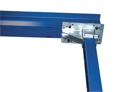 Built Tough 2000 Lb Steel Gantry Crane With Smooth Rolling Nylon Casters corner bracket detail on blue steel frame.
