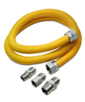 Flexible Yellow Coated Four Foot Gas Line Kit With Five Eighths Inch OD To One Half Inch MIP And One Half Inch FIP Adapters Plus Three Quarter Inch MIP Fitting Stainless Steel Hose Connector For Gas Fireplace Stove And Water Heater Install
