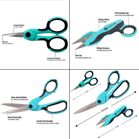 ProSeries 3 Piece Sewing Scissors Bundle For Fabric, Detail Work And Snips, Professional Grade Tempered Stainless Steel Blades, Rust Resistant, Sharp And Long Lasting For Craft Projects. 3-piece turquoise and black sewing scissors set, 4.5 and 8.5 inch