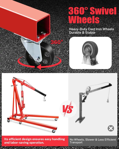 Two Ton Hydraulic Engine Hoist Shop Crane With Six Steel Casters Heavy Duty Portable Lift For Car Transmissions Boat Motors And Farm Equipment No Sweat One Person Setup