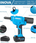 Heavy Duty Brushless Cordless Rivet Gun With 18V 4Ah Battery for all material blind fasteners showing battery and connector features.