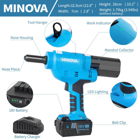 Heavy Duty Brushless Cordless Rivet Gun With 18V 4Ah Battery for all material blind fasteners showing battery and connector features.