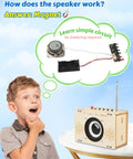 Child thinking beside Hands On FM Radio Kit for Kids and Teens STEM Electronic DIY Experiment Kit, highlighting speaker components.