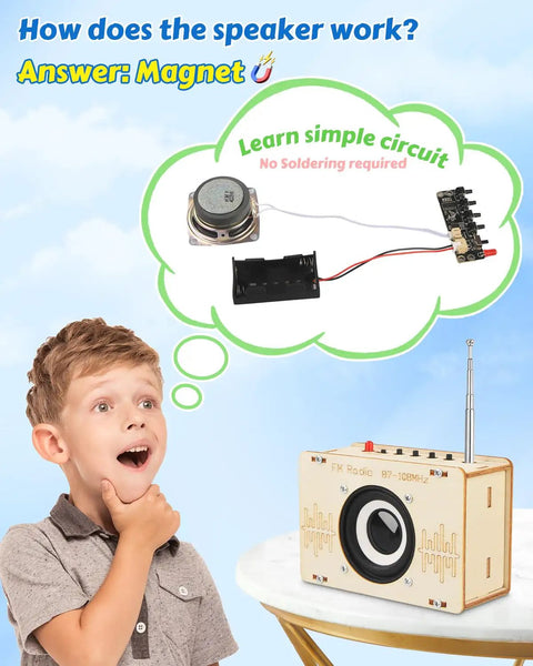 Child thinking beside Hands On FM Radio Kit for Kids and Teens STEM Electronic DIY Experiment Kit, highlighting speaker components.