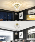 Gold Finish Crystal Ceiling Light Semi Flush Mount Chandelier With E26 Base Sparkly Raindrop Crystals Farmhouse Style Fixture