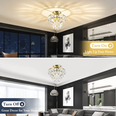 Gold Finish Crystal Ceiling Light Semi Flush Mount Chandelier With E26 Base Sparkly Raindrop Crystals Farmhouse Style Fixture