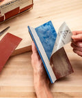 Close-up of PSA Sanding Block With 90 Degree Edge For Woodworking And Auto Body Finishing Hand Sander, blue block with pad