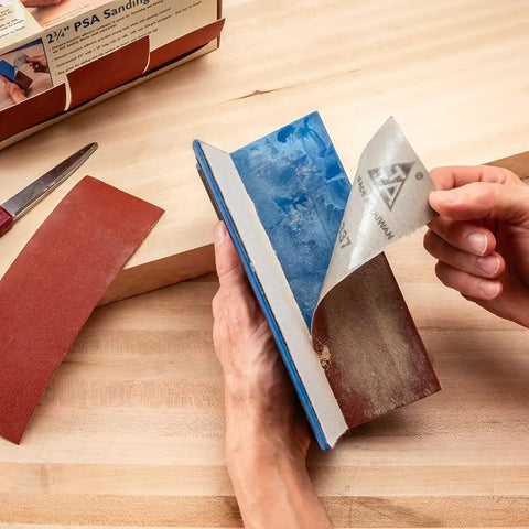 Close-up of PSA Sanding Block With 90 Degree Edge For Woodworking And Auto Body Finishing Hand Sander, blue block with pad