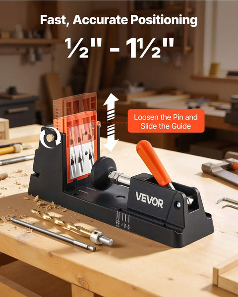 Lightweight Pocket Hole Jig Kit With One Half Inch To One And A Half Inch Adjustable Depth Dust Collection Adapter Detachable Guide Block Drill Bit Stop Collar Easy Adjusting For Woodworking Projects DIY Friendly shown on a workbench.