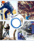 Collage of the Blue Steel Core Flip Line Kit For Tree Climbers With Double Lock Carabiner Adjuster, used by arborists and climbers.
