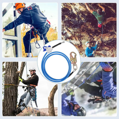 Collage of the Blue Steel Core Flip Line Kit For Tree Climbers With Double Lock Carabiner Adjuster, used by arborists and climbers.