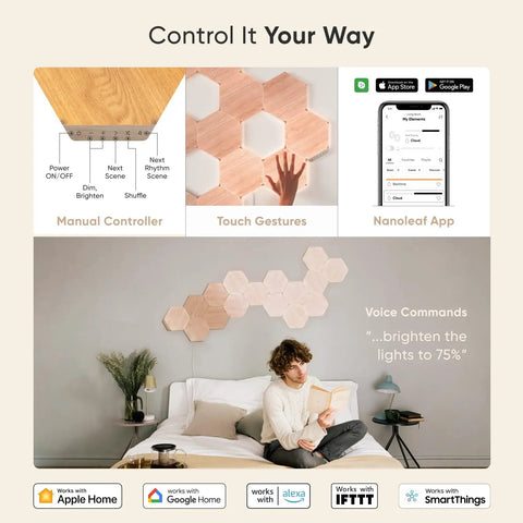 Wood Look Hexagon Smart Wall Lights That Sync With Alexa And Google Assistant, Dope Modular Panels For Living Room Decor With Music Sync, Ambient White 1500K-4000K, Expansion 3-Panel Kit in living room setup with app control and voice commands display