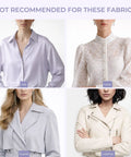 Image showing garments in silk, lace, suede, and leather, labeled not recommended for the Dang Quick Stitch Gun For Clothes.