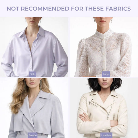 Image showing garments in silk, lace, suede, and leather, labeled not recommended for the Dang Quick Stitch Gun For Clothes.
