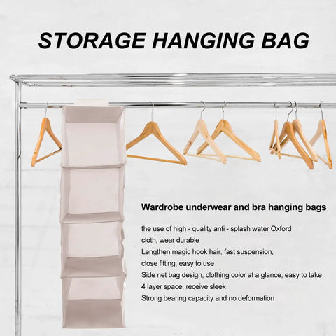 Four Tier Hanging Closet Storage Bag With Thick Oxford Fabric Drop Dead Durable Foldable Door Organizer Heavy Duty Wardrobe Rack Big Time Space Saver For Any Room on a clothing rack with hangers.