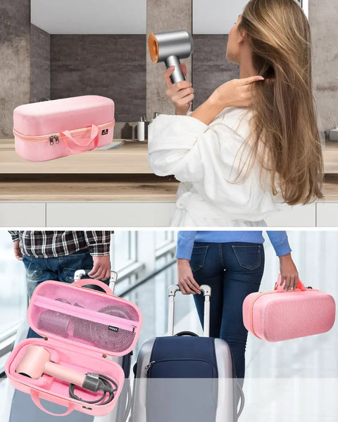 Hard Travel Case For Dyson Hair Dryer And Accessories Ultra Durable Shockproof Shell With Soft Anti Static Lining Lightweight And Compact Rose Red Case Only Perfect On The Go Organizer For Your Styling Kit Great For Travel And Daily Use shown on countertop and in use during travel.