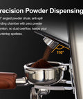 Top Shelf Conical Burr Coffee Grinder Featuring A Six Degree Tilted Body For Zero Mess Grinds And Hassle Free Cleanup In Sleek Metallic Silver Finish with angled chute.
