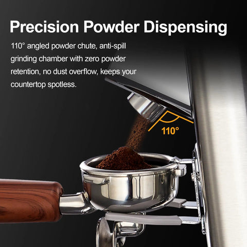 Top Shelf Conical Burr Coffee Grinder Featuring A Six Degree Tilted Body For Zero Mess Grinds And Hassle Free Cleanup In Sleek Metallic Silver Finish with angled chute.