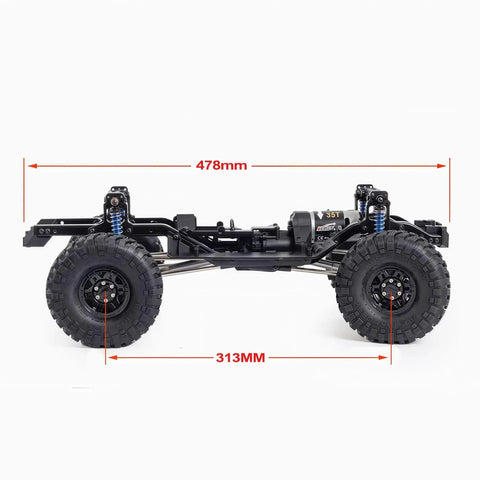 Side view of One Tenth Scale RC Crawler Chassis Kit With 313mm Wheelbase, 2 Speed Gearbox, Nylon Frame, 35T 550 Motor And Axles.