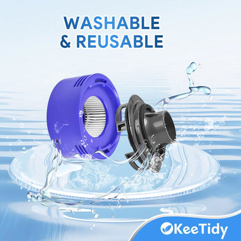 HEPA Filter Replacement and Motor Cover for Dyson V8 V7 Motorhead Cordless Vacuums shown as washable and reusable in water