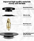 Hassle Free Snap Fit Universal Bathtub Drain Stopper, Pop Up Bath Plug With Matte Black Finish, parts showing chrome button and brass core.