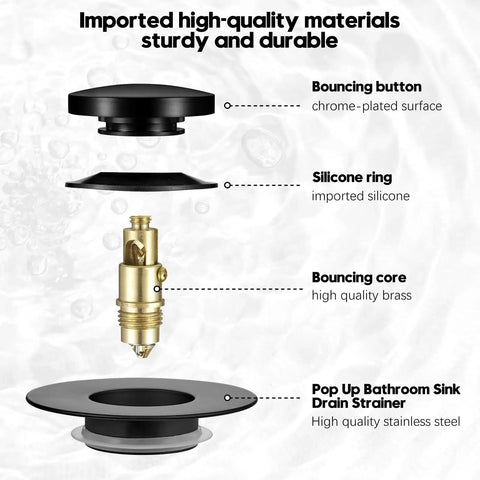 Hassle Free Snap Fit Universal Bathtub Drain Stopper, Pop Up Bath Plug With Matte Black Finish, parts showing chrome button and brass core.