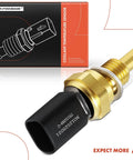A-Premium 2-pin engine coolant temperature sensor; close-up view shows brass body and black connector, packaging box visible