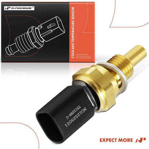 A-Premium 2-pin engine coolant temperature sensor; close-up view shows brass body and black connector, packaging box visible