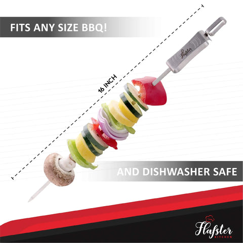 Flat 16 Inch Kabob Skewers With Push Bar For Grilling And Camping, an image showing vegetables on a stainless steel skewer.
