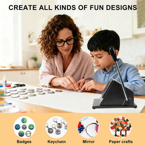 Adult and child crafting with 58mm Button Paper Cutter Punch Die Tool For Button Maker Machines, Pro Grade Metal Graphic Circle Punch Cutter.