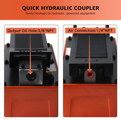 Heavy Duty 10,000 PSI Air Hydraulic Pump With Half Gallon Reservoir, Foot Operated, Workhorse Overload Protection With Internal Pressure Relief Valve, Two Stage Release For Quick Or Metered Ram Return. Quick hydraulic coupler, 3/8 NPT oil outlet and 1/4 NPT air inlet