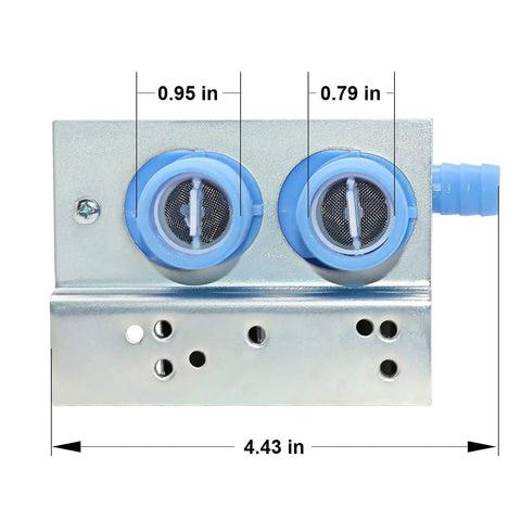 Water inlet valve for washers with dual blue plastic ports and metal housing with mesh screens