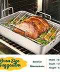 Stainless Steel Roasting Pan With V-Shaped and Flat Rack for Even Browning, Non-Toxic Heavy-Duty Deep Broiling Pan, 16 by 11.5 Inch with roast in oven