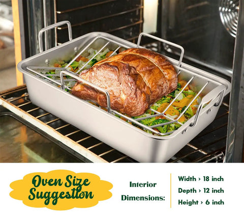 Stainless Steel Roasting Pan With V-Shaped and Flat Rack for Even Browning, Non-Toxic Heavy-Duty Deep Broiling Pan, 16 by 11.5 Inch with roast in oven