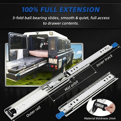 Heavy Duty Locking Drawer Slides 53 Inch Width Full Extension Runners With Lock And Ball Bearing Stainless Steel Drawer Rails For 24 26 28 30 32 34 36 38 40 Inch Cabinets Three Fold Side Mount Hardware shown with vehicle application