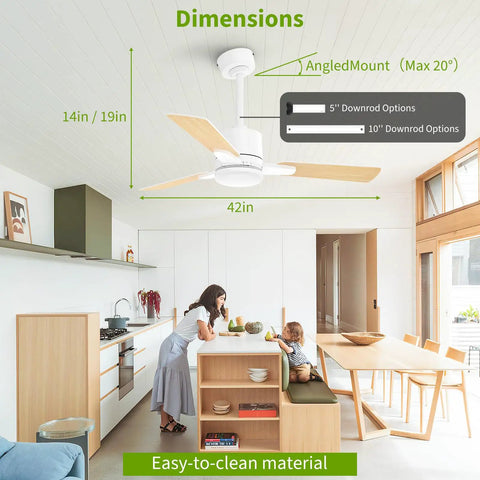42 Inch Ceiling Fan With Light And Remote Control, Low Profile White Ceiling Fan For Indoor Outdoor Use Installed in Kitchen