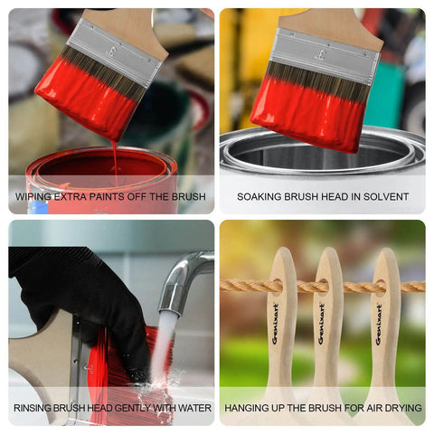 Beefy 3 Inch Chip Paint Brush For Wood Stain And Varnish, wiping, soaking, rinsing, and hanging with wooden handle.