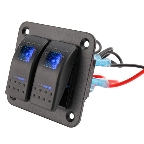 Close-up of 12-24V Boat Switch Panel Illuminated Rocker Switch Aluminum Prewired Dash Panel With 2 Gang Toggle Switches LED Backlit