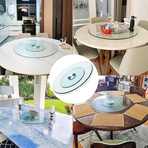 Rock Solid 360 Smooth Swivel Lazy Susan Turntable, Massive 34 Inch Tempered Glass Serving Platter on various dining tables.