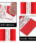Set Of 16 Clear Self Adhesive Plastic Hinges 35x25mm showing close-up of acrylic material and self-adhesive property.