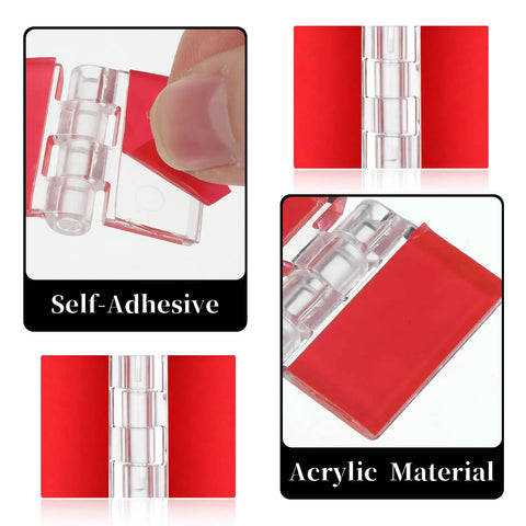Set Of 16 Clear Self Adhesive Plastic Hinges 35x25mm showing close-up of acrylic material and self-adhesive property.