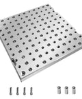 Badass Anodized 6061 Aluminum Fixture Plate 12X12X0.8 Inch CNC Machining Workholding Jig with precise alignment holes and hardware.